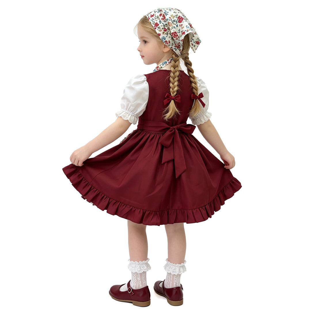Damen nan traditionelles Kinderdirndl-Set mit bestickter Schürze, Rüschenbluse und Halstuch Drune