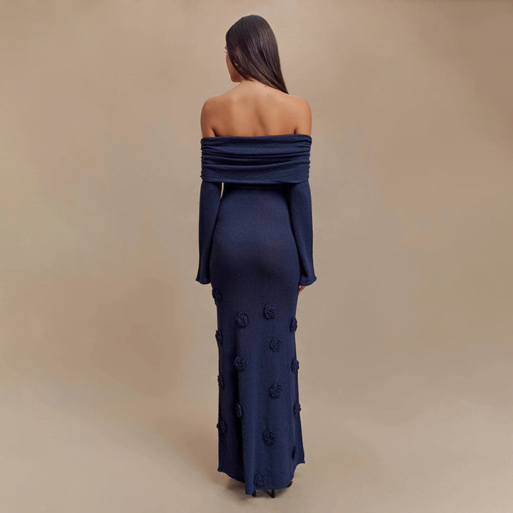 Damen Elegantes Abendkleid mit Schulterfreiem Design und Blumenapplikationen Drune