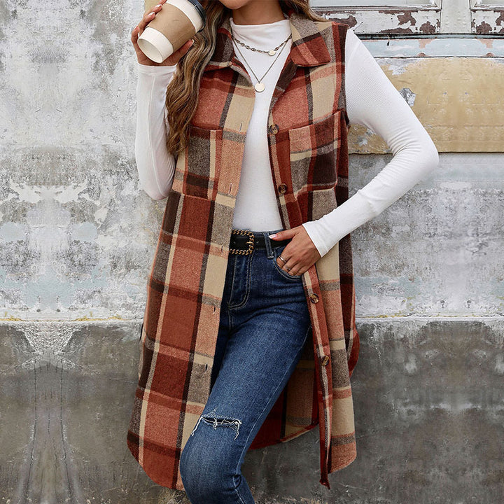 Damen Langarm-Weste mit Karo-Muster und praktischen Taschen Drune