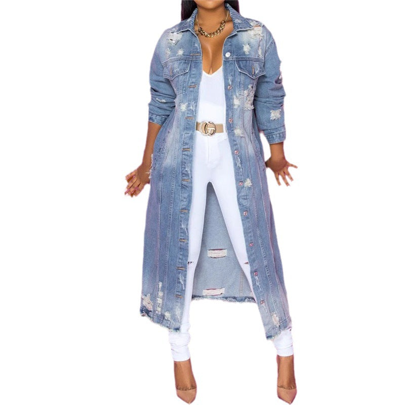 Damen Denim-Hemdjacke im lässigen Long-Style mit Distressed-Details Drune