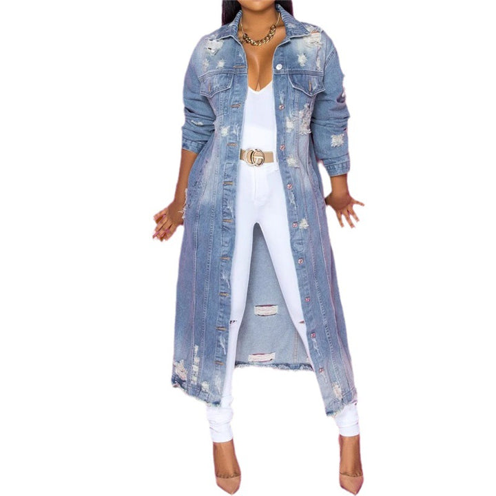 Damen Denim-Hemdjacke im lässigen Long-Style mit Distressed-Details Drune