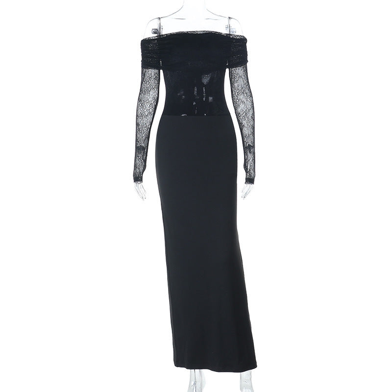 Damen schulterfreies Abendkleid mit Spitzenärmeln und langer Silhouette Drune