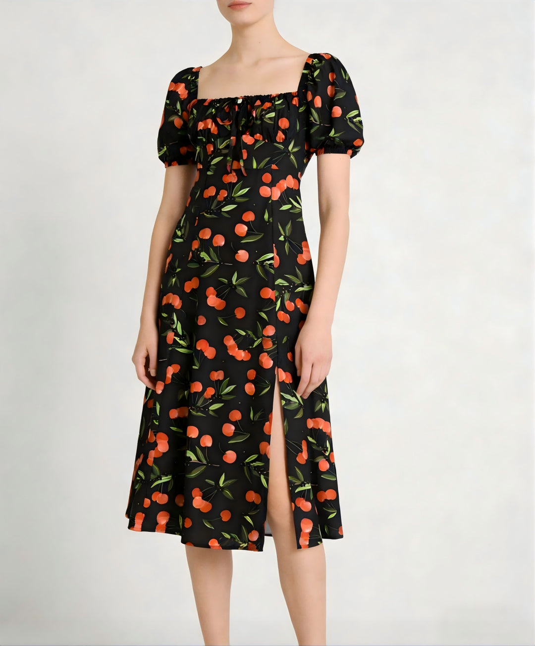 Damen Maxikleid mit pflanzlichem Muster und raffiniertem Schlitz Drune