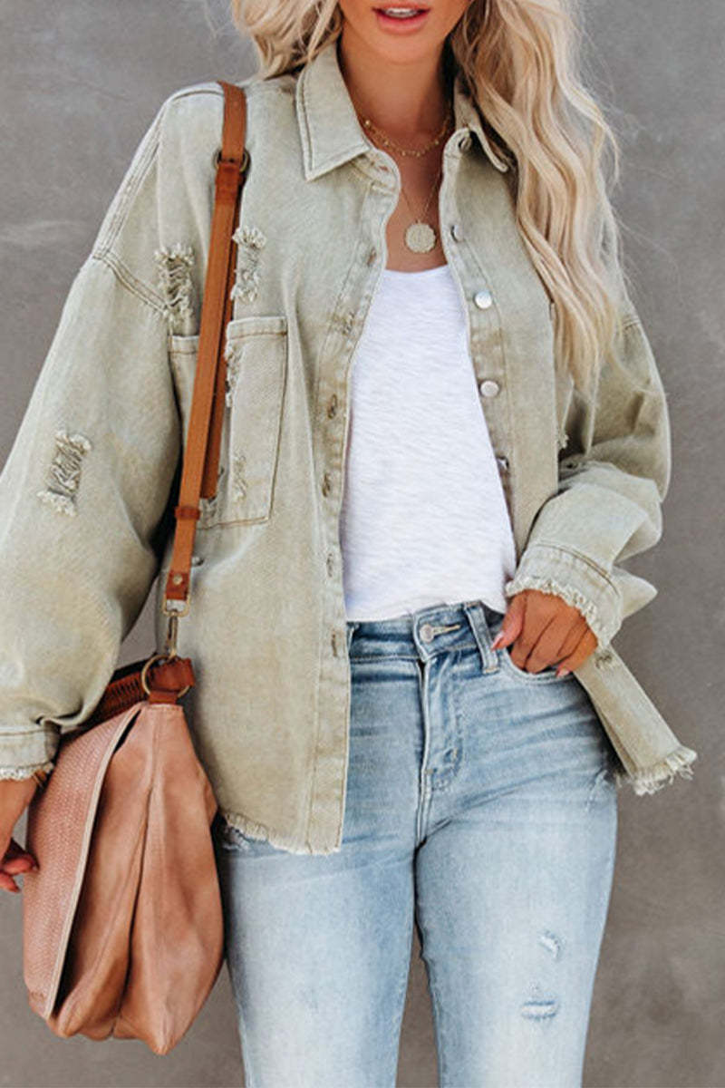 Damen Oversized Jeansjacke im lässigen Vintage-Stil mit fransigen Details Drune