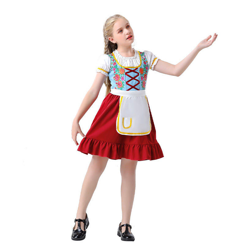 Damen nan nostalgisches Trachten-Kostümkleid mit geschnürtem Mieder, Rüschenkragen und abnehmbarer Schürze Drune