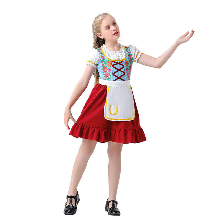 Damen nan nostalgisches Trachten-Kostümkleid mit geschnürtem Mieder, Rüschenkragen und abnehmbarer Schürze Drune