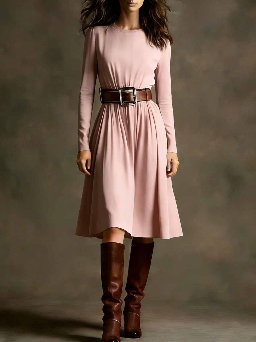 Damen Elegantes Kleid mit langem Arm und Taillengürtel Drune
