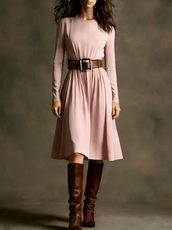 Damen Elegantes Kleid mit langem Arm und Taillengürtel Drune