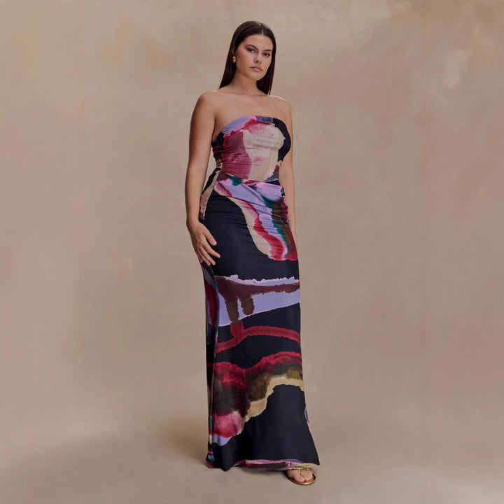 Damen Strapless Maxikleid mit fließendem Stoff und kunstvollem Druck Drune