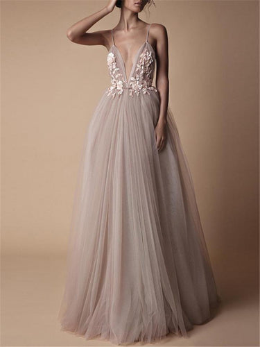Damen Abendkleid mit tiefem V-Ausschnitt und floralen Applikationen Drune
