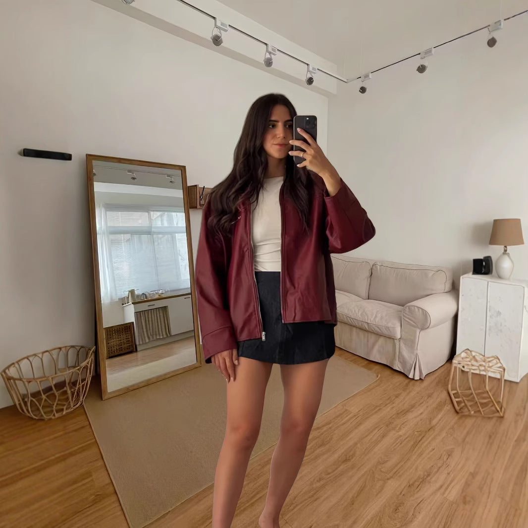 Damen modische lässige Lederjacke mit asymmetrischen Reißverschlüssen Drune
