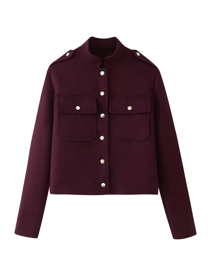 Damen kurze Militärjacke mit Taschen und dekorativen Knöpfen Drune