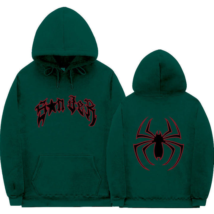 Damen Kapuzenpullover mit auffälligem Spinnenmotiv und grobem Schriftzug Drune