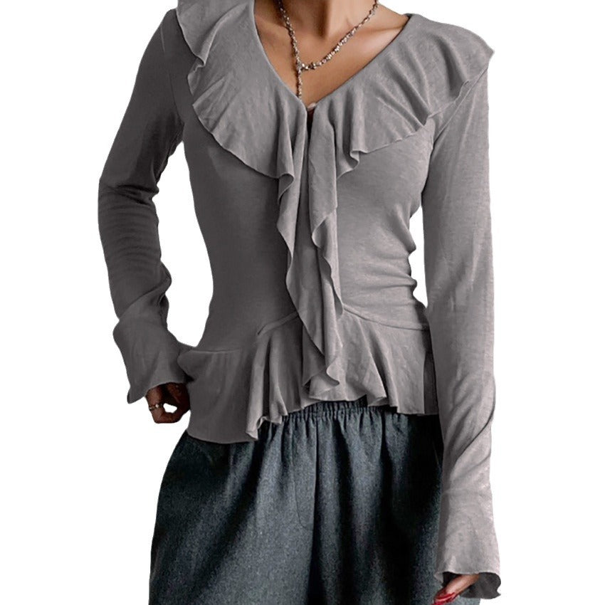 Damen Rüschenbluse mit verführerischem V-Ausschnitt und elastischem Saum Drune