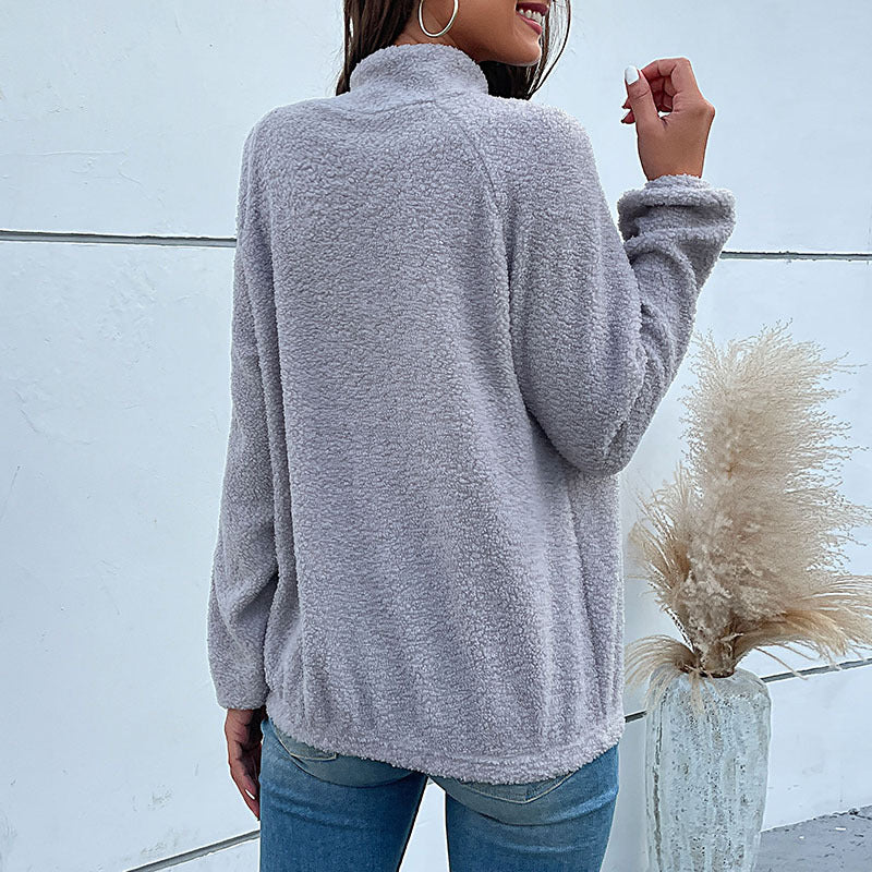 Damen modischer Stehkragenpullover mit strukturiertem Design und Knopfdetail Drune