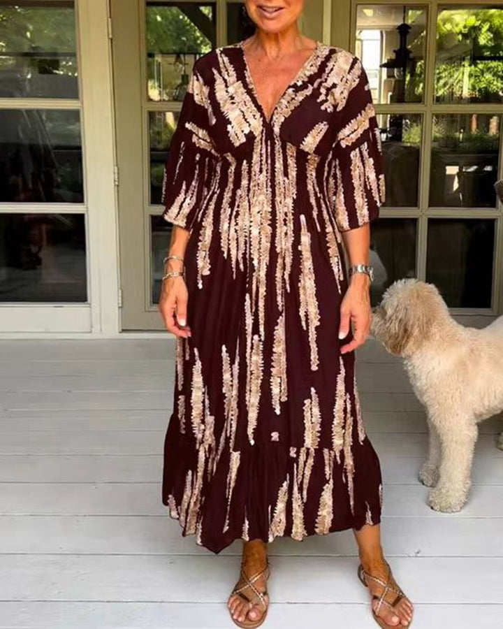 Damen nan Maxikleid mit V-Ausschnitt, vertikalem Pinselprint, geraffter Unterbrustnaht und stufigem Volantrock Drune