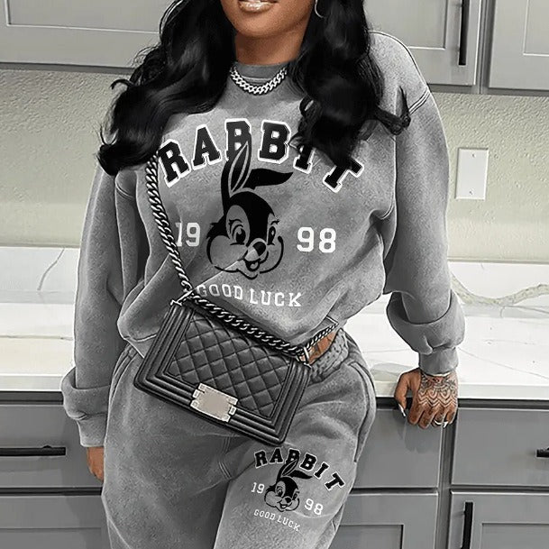 Damen Kuscheliges Sweatshirt und bequeme Jogginghose Set mit kreativen Druckdetails Drune
