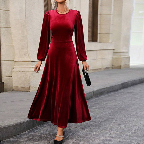 Damen Velour Abendkleid mit langen Ärmeln und schwingendem Rock Drune