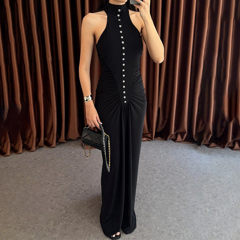 Damen Elegantes, figurbetontes Maxikleid mit hochgeschlossenem Ausschnitt und Knopfdetails Drune
