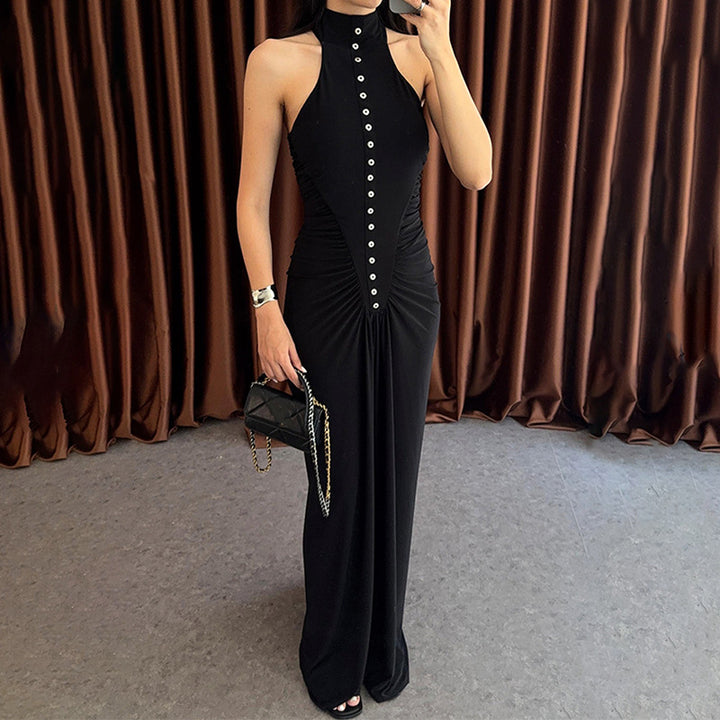 Damen Elegantes, figurbetontes Maxikleid mit hochgeschlossenem Ausschnitt und Knopfdetails Drune