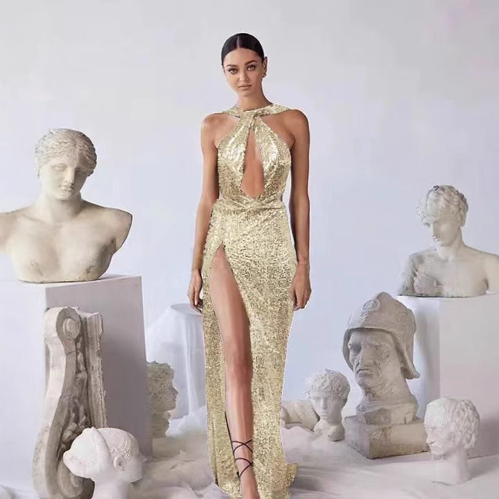 Damen Schimmerndes Cut-Out Abendkleid mit hohem Bein-Schlitz Drune