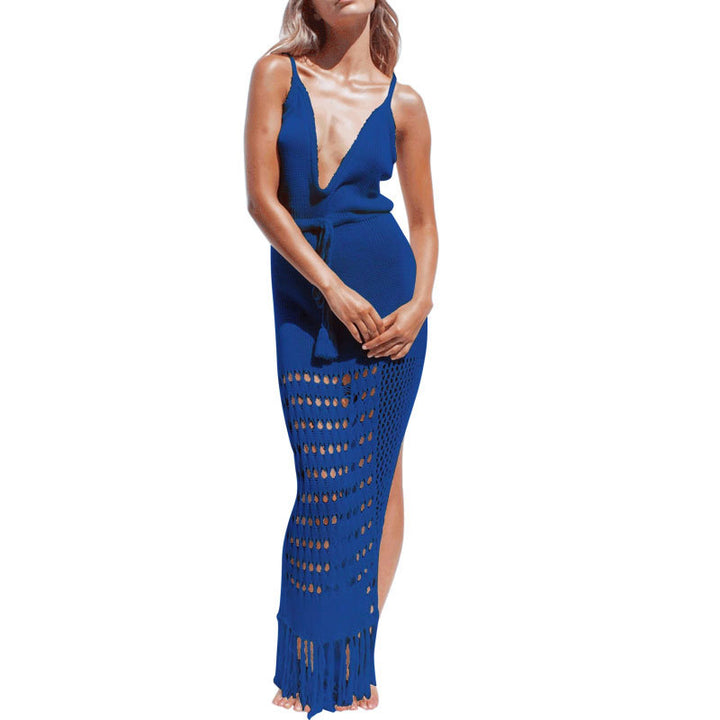 Damen Strickkleid mit tiefem V-Ausschnitt und Fransen Drune