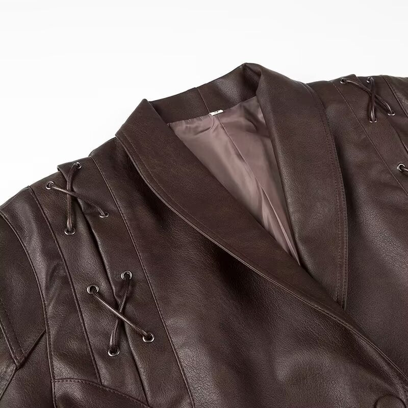 Damen elegante Kunstlederjacke mit taillierbarem Gürtel und dekorativen Schnürdetails Drune