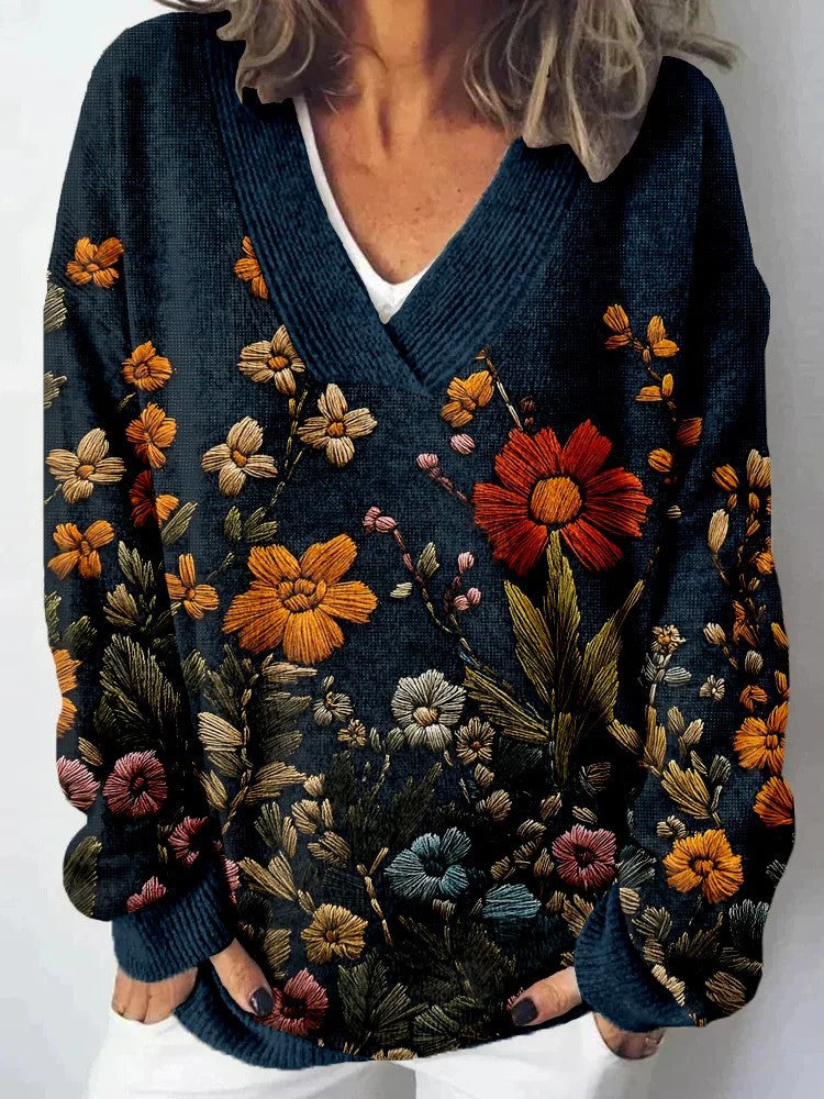 Damen V-Ausschnitt Pullover mit floralem Muster und lässigem Schnitt Drune