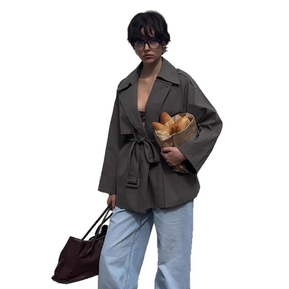 Damen modische Trenchcoat-Jacke mit abnehmbarem Gürtel und oversized Schnitt Drune