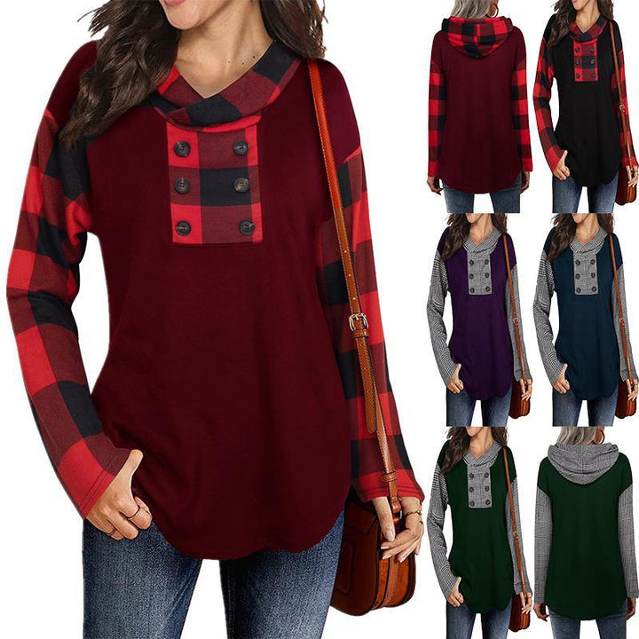 Damen Modische Sweatshirt mit Karomuster und Knopfleiste Drune