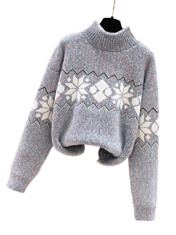 Damen Strickpullover mit hoch geschlossenem Kragen und winterlichem Muster Drune