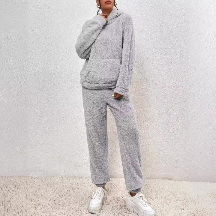 Damen nan kuscheliges Teddy-Fleece Hausanzug-Set mit Kapuze, Kängurutasche und elastischer Jogginghose Drune