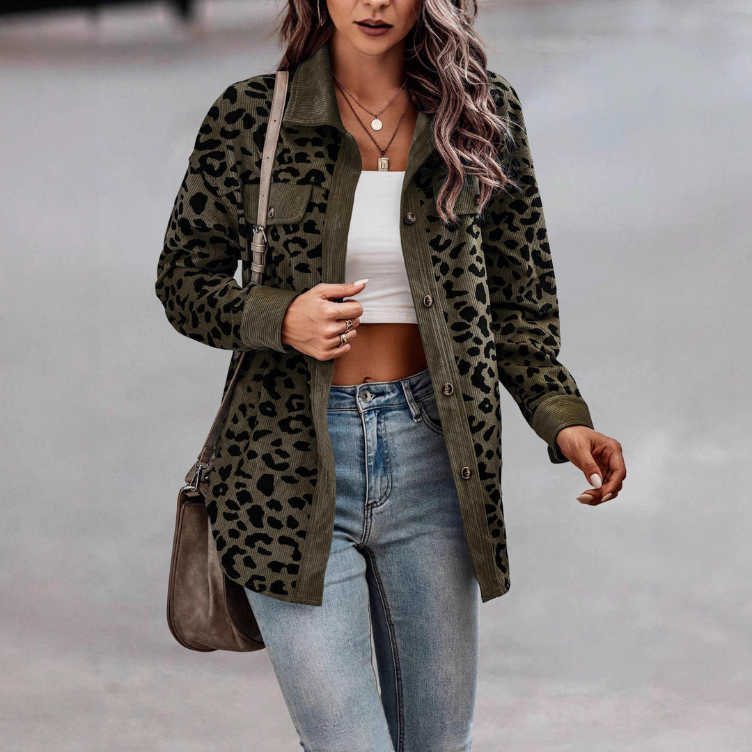 Damen Trendige Kordjacke mit Leo-Print und Brusttaschen Drune