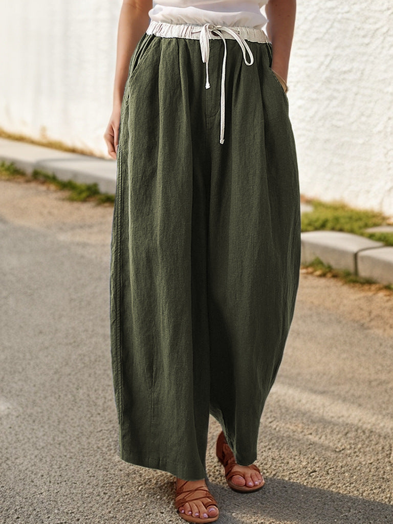 Damen Weite Leinenhose mit elastischem Bund und stylischem Kordelzug Drune