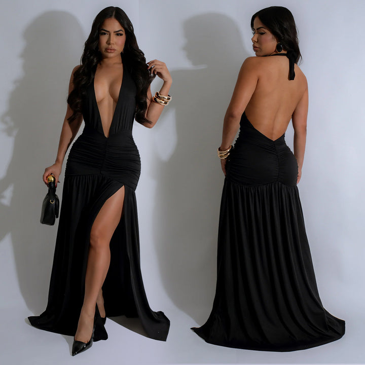 Damen Elegantes Maxikleid mit tiefem V-Ausschnitt und seitlichem Schlitz Drune