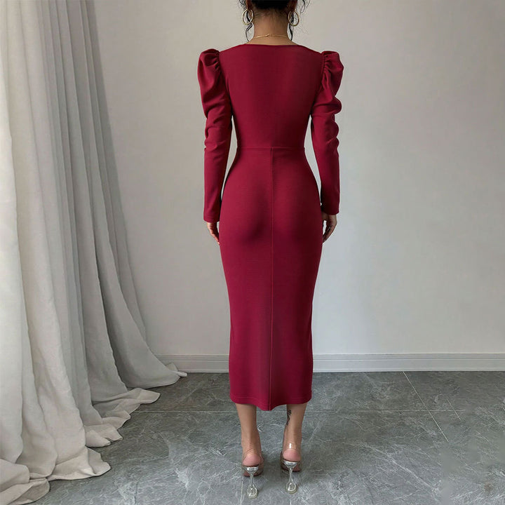Damen Midi-Kleid mit Puffärmeln und raffiniertem Schlitz Drune