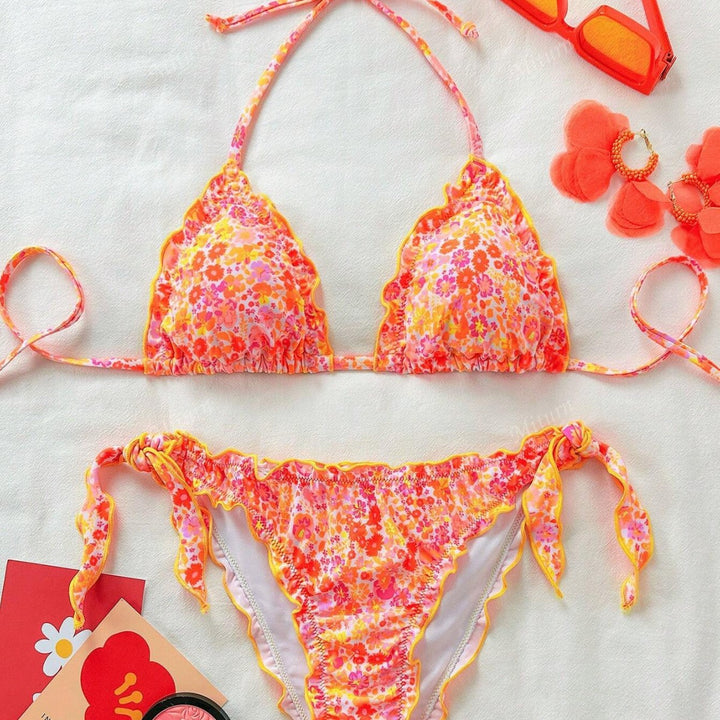 Damen Bikini-Set mit romantischen Rüschendetails und hohem Taillenbund Drune