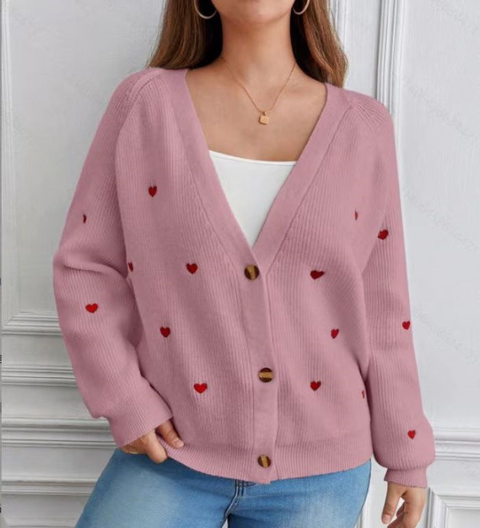 Damen lässige Strickjacke mit Herzapplikationen und tiefem V-Ausschnitt Drune