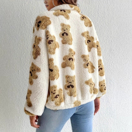 Damen Fleecejacke mit Bärenmuster und Stehkragen Drune
