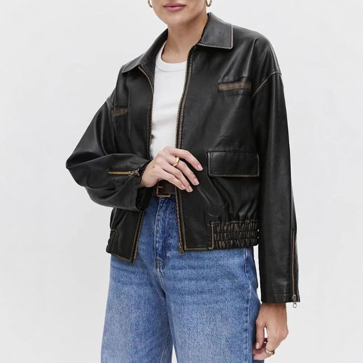 Damen modische Lederjacke mit praktischen Taschen und elastischem Saum Drune