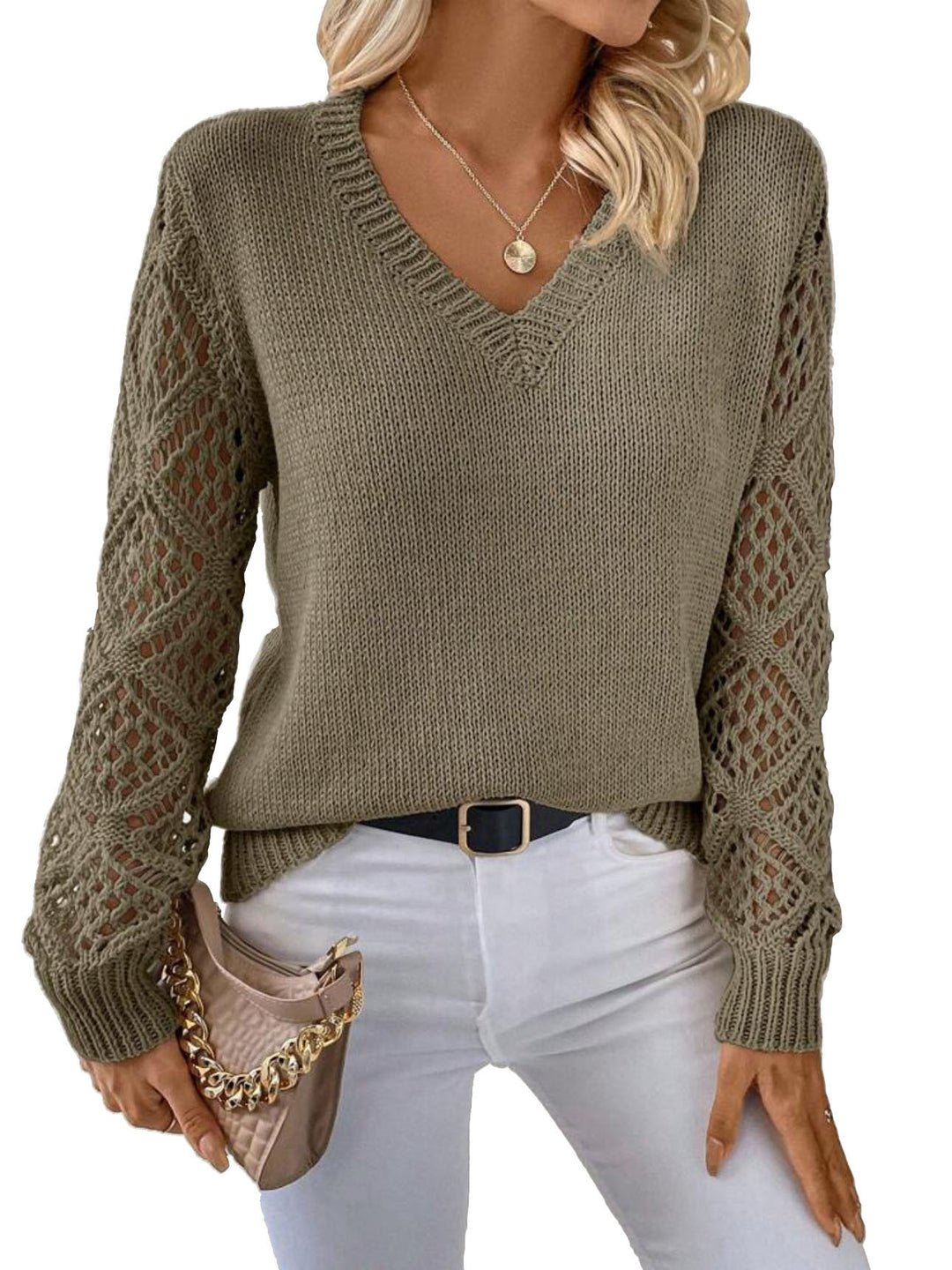 Damen lockerer V-Ausschnitt Strickpullover mit Schnüremuster Drune