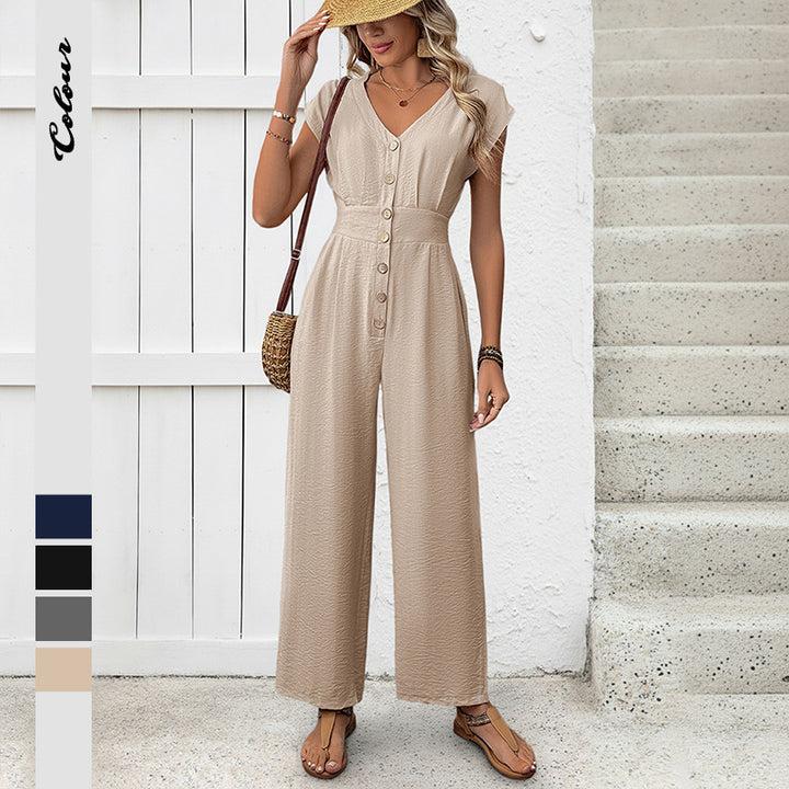 Damen Jumpsuit mit knöpfbarem V-Ausschnitt und weit geschnittenen Beinen Drune
