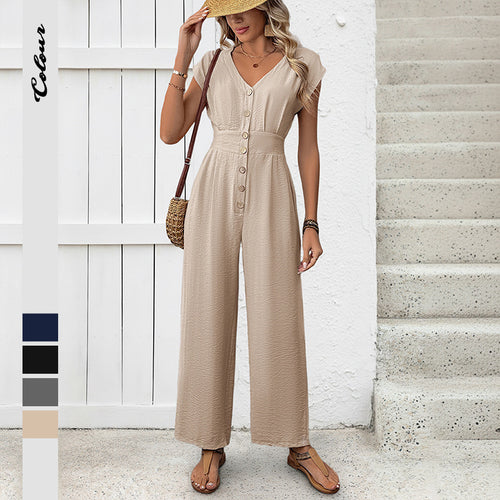 Damen Jumpsuit mit knöpfbarem V-Ausschnitt und weit geschnittenen Beinen Drune