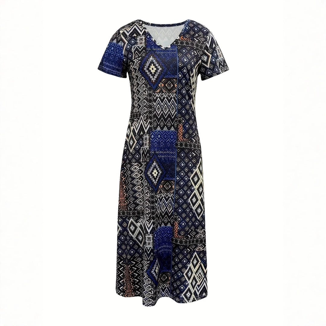 Damen Maxikleid mit geometrischem Muster und V-Ausschnitt Drune