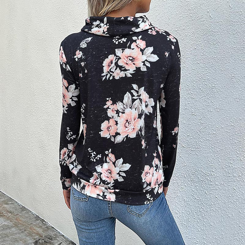 Damen Kapuzenpullover mit floralem Muster und modernem Rollkragen Drune