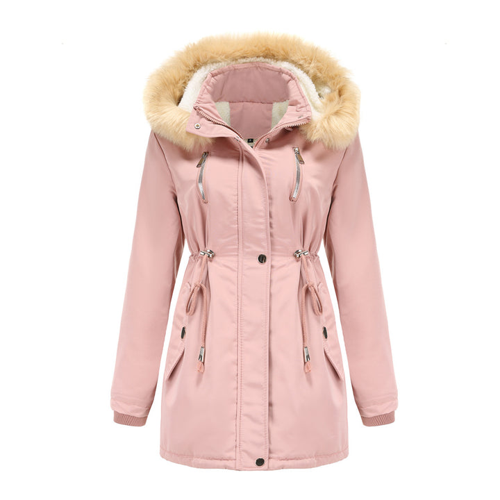 Damen modische Outdoor-Jacke mit abnehmbarem Kunstfellkragen und elastischem Taillenzug Drune