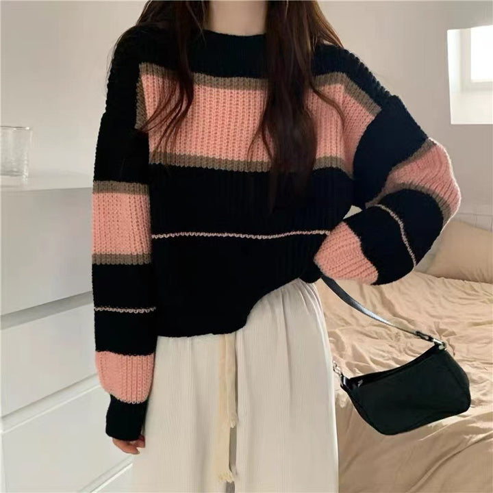 Damen Grober gestrickter Pullover mit bunten Streifen und lockerer Passform Drune