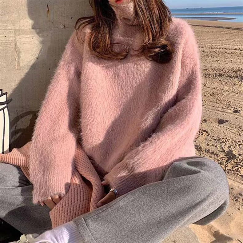 Damen Flauschiger Pullover mit Lockere Passform und Hohem Kragen Drune