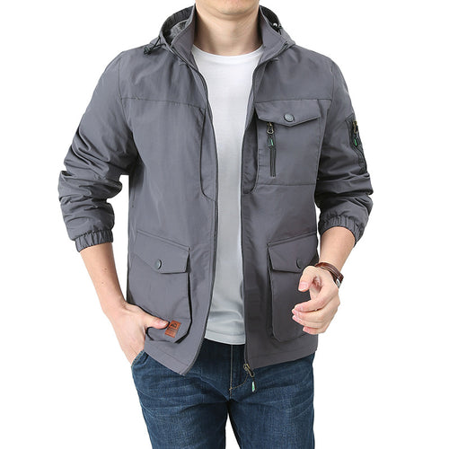 Herren  Kapuzen leichte Utility-Feldjacke mit Mehrfachtaschen, Reißverschluss und Druckknopfverschluss Drune