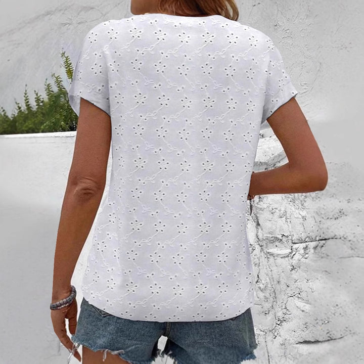 Damen luftige Bluse mit floralen Lochstickereien und durchgehender Knopfleiste Drune